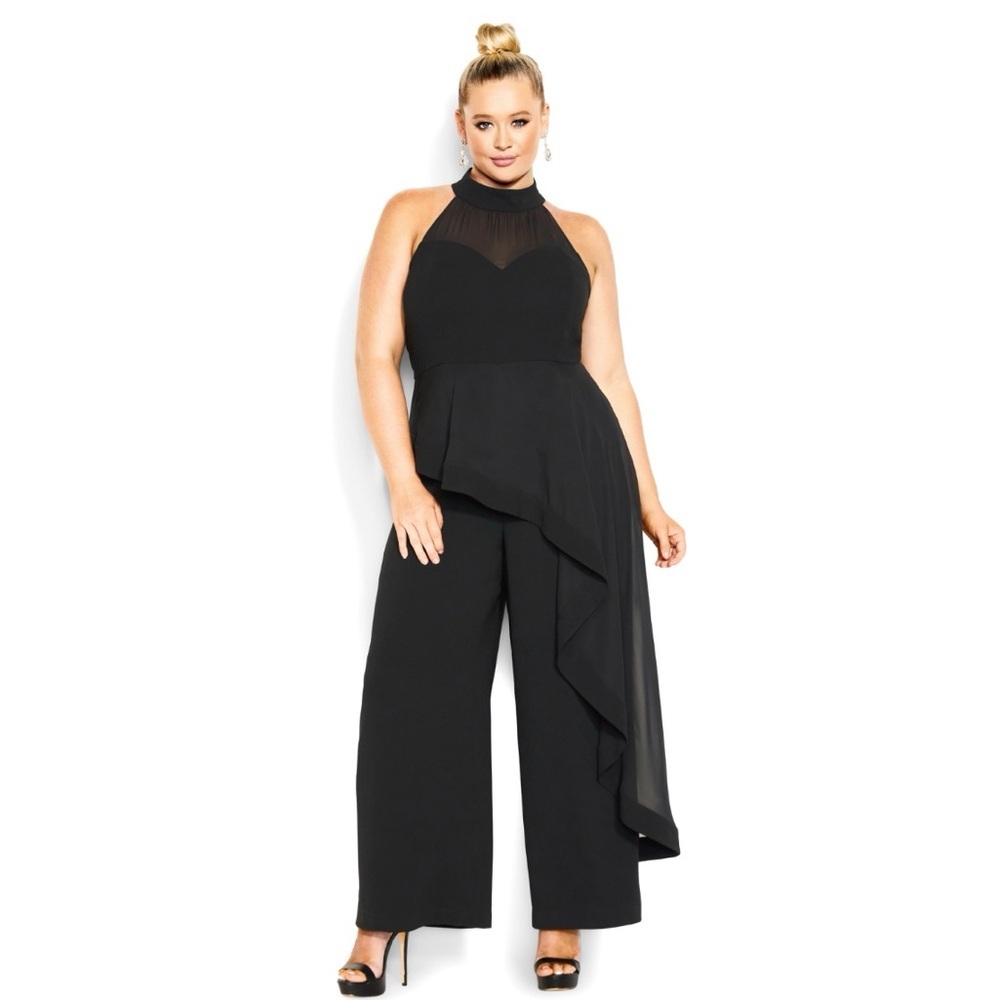 City Chic Mika Halter Jumpsuit Sheer Asymmetrical‎ Ruffle Overlay Wide Leg 20